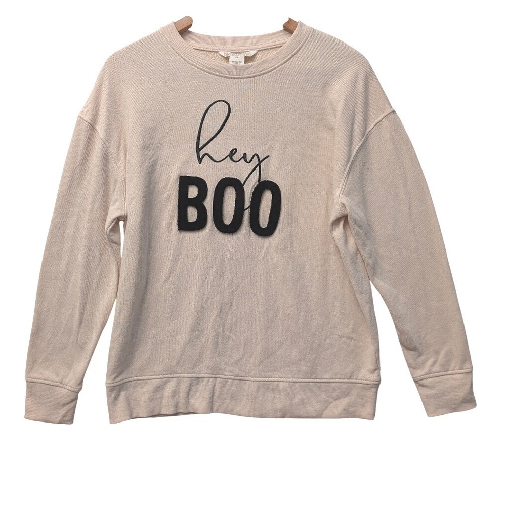 Shiraleah Chicago Hey BOO Graphic Sweatshirt Cream Fuzzy Applique Medium